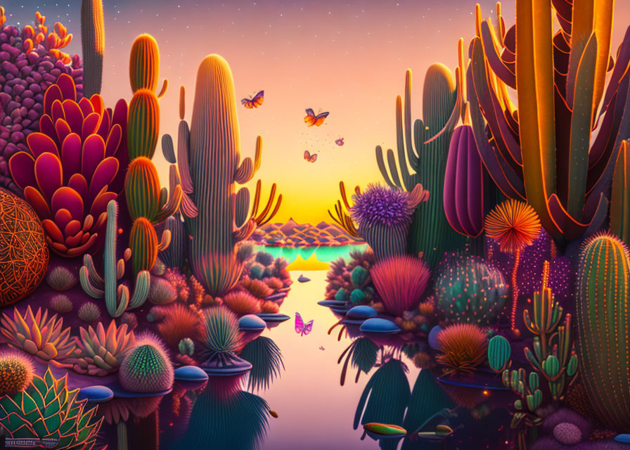 Colorful animated desert scene at dusk with cacti, river, butterflies, and starry sky