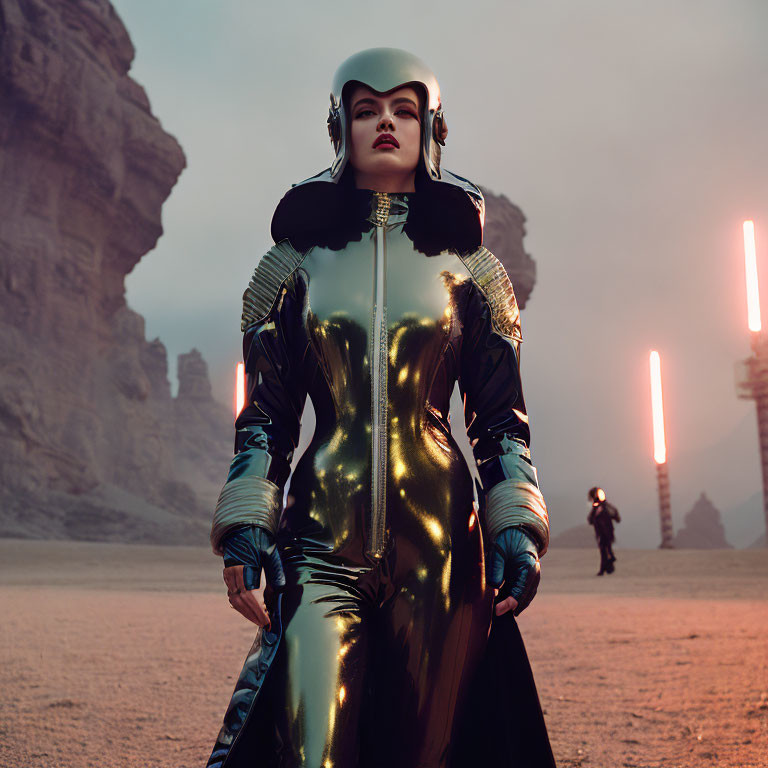 Futuristic person in golden suit in desert with red lights