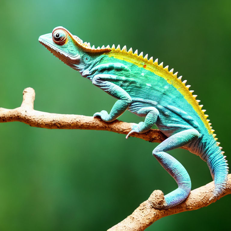 Colorful green chameleon with yellow spine on branch in blurred green background