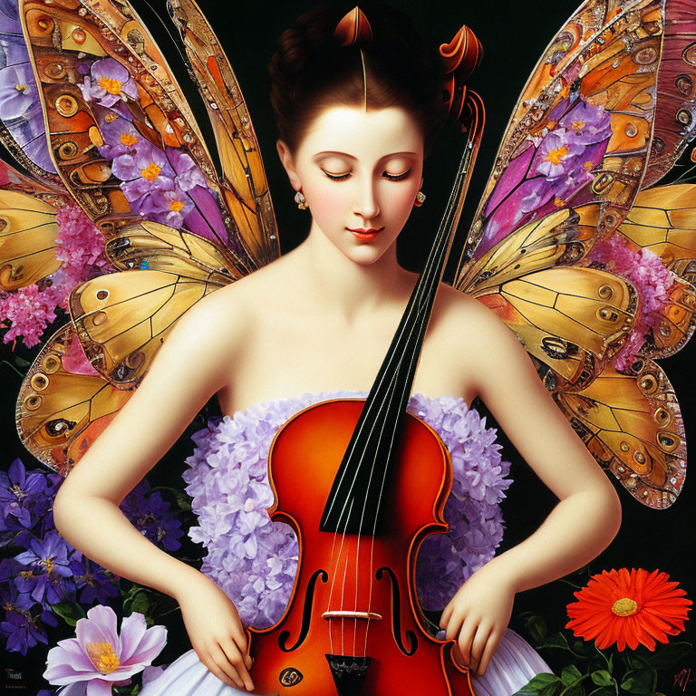 Surreal artwork of woman with butterfly wings playing cello among flowers
