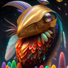 Colorful feathered dog with jeweled headpieces in fantastical setting
