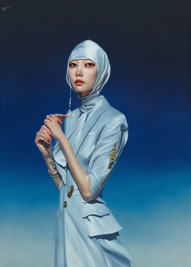 Portrait of Woman with Red Eyes, Pale Skin, Blue Suit, and Headscarf