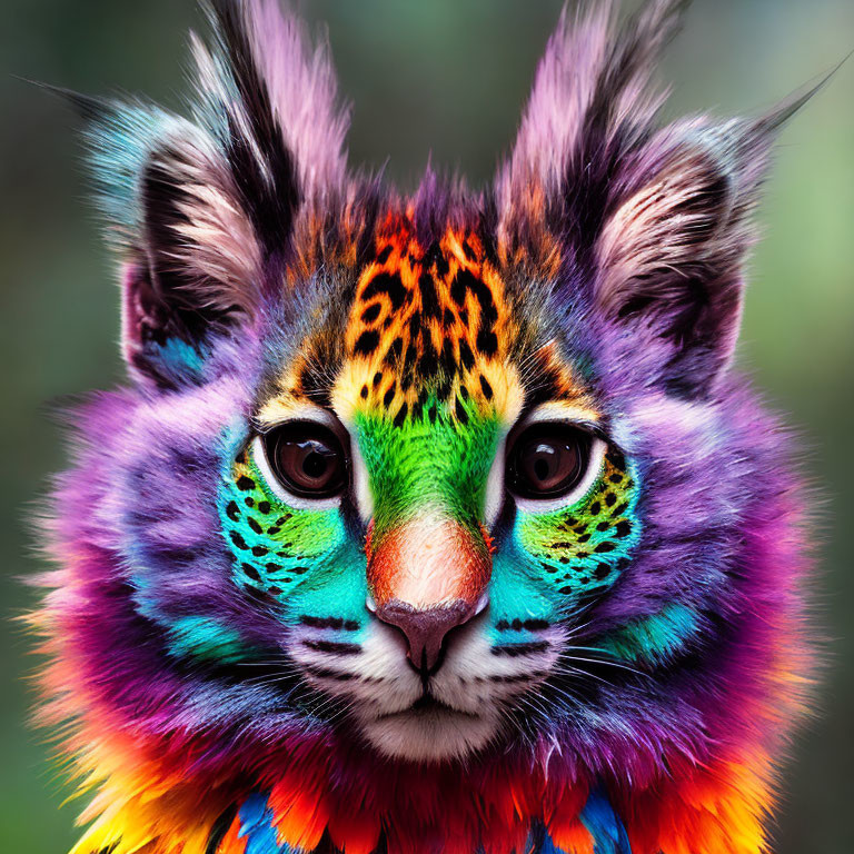 Colorful Rainbow-Hued Feline Face with Striking Eyes