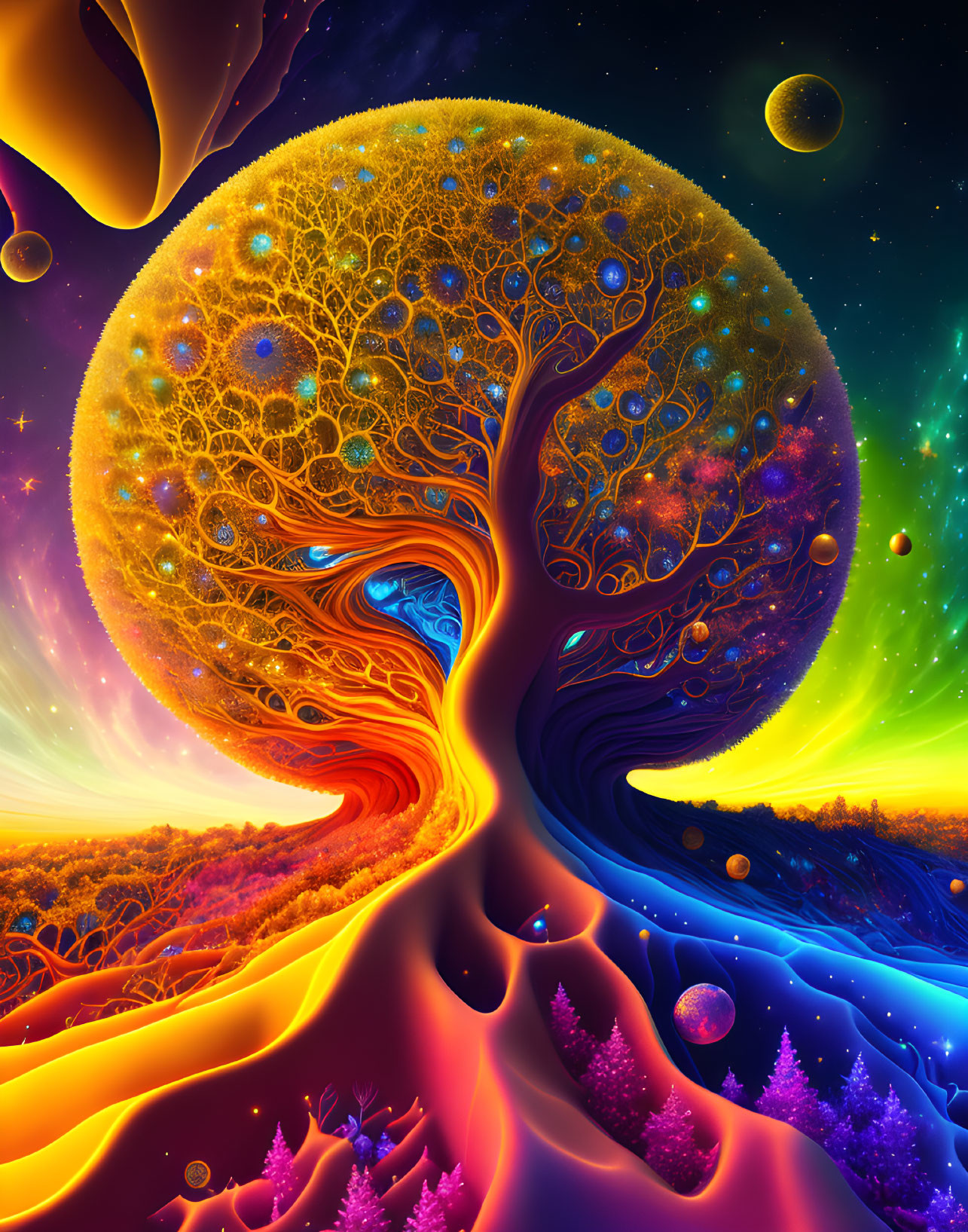 Colorful Psychedelic Tree with Swirling Trunk and Cosmic Planets