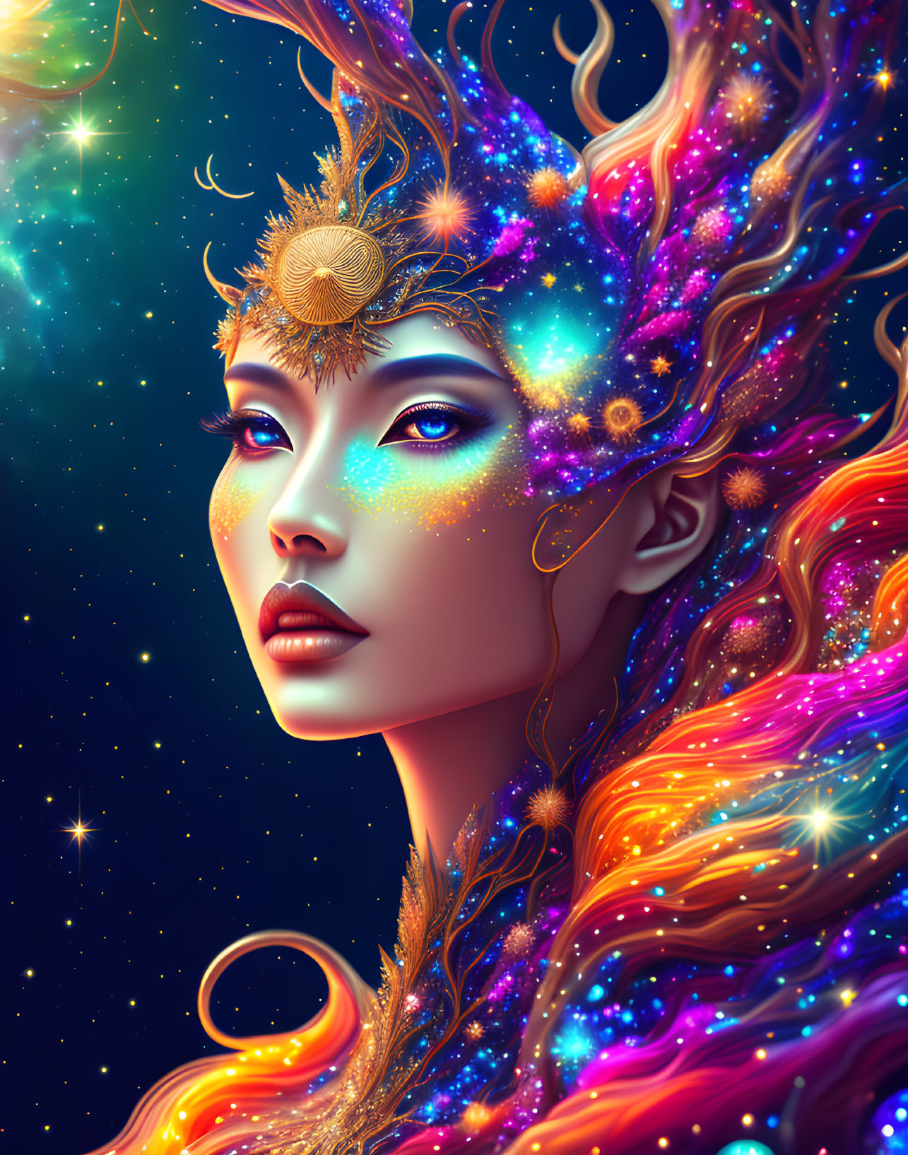 Cosmic-themed digital artwork of a woman with vibrant makeup and starry hair
