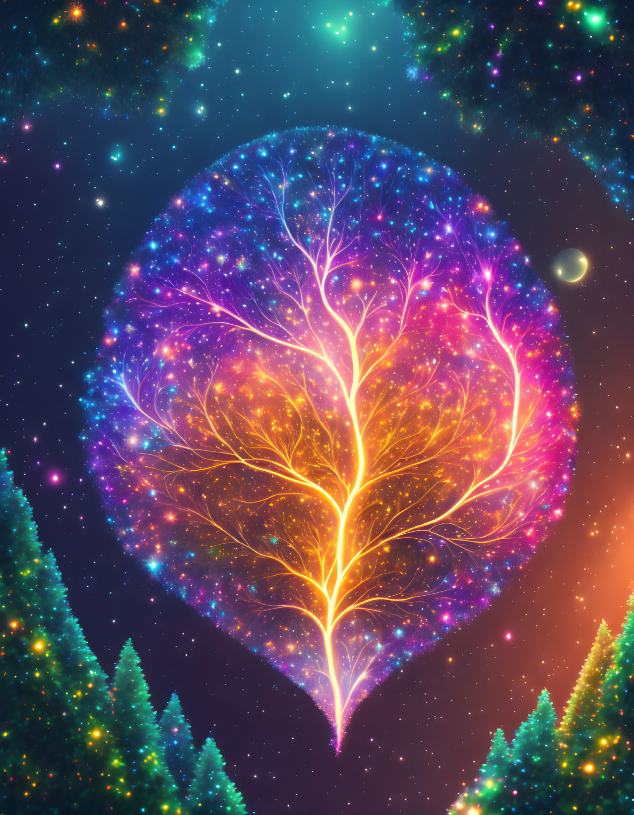 Vibrant cosmic tree with glowing branches in starry space scene