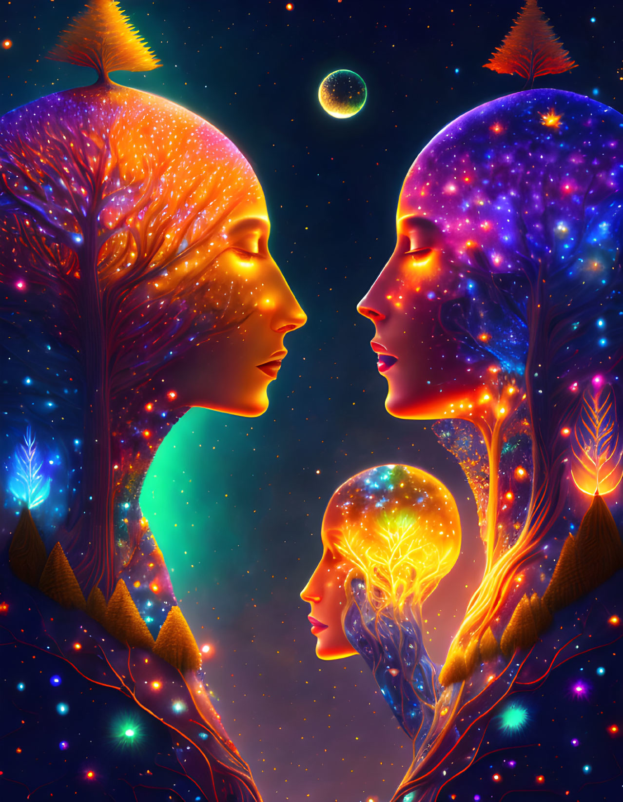 Colorful triple profile portrait with tree characteristics on cosmic backdrop.