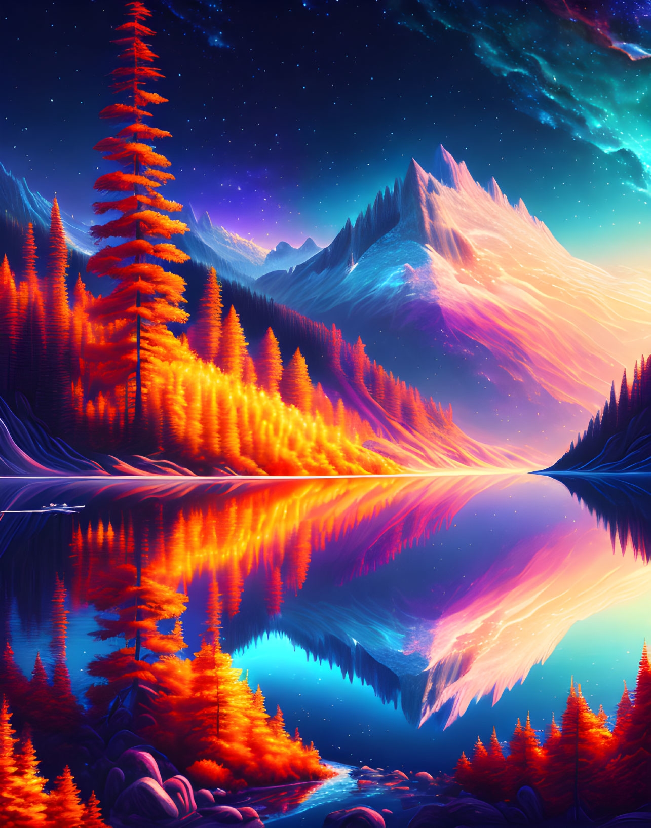 Digital art landscape: Mountain range reflection in tranquil lake, glowing trees under starry night sky with aur