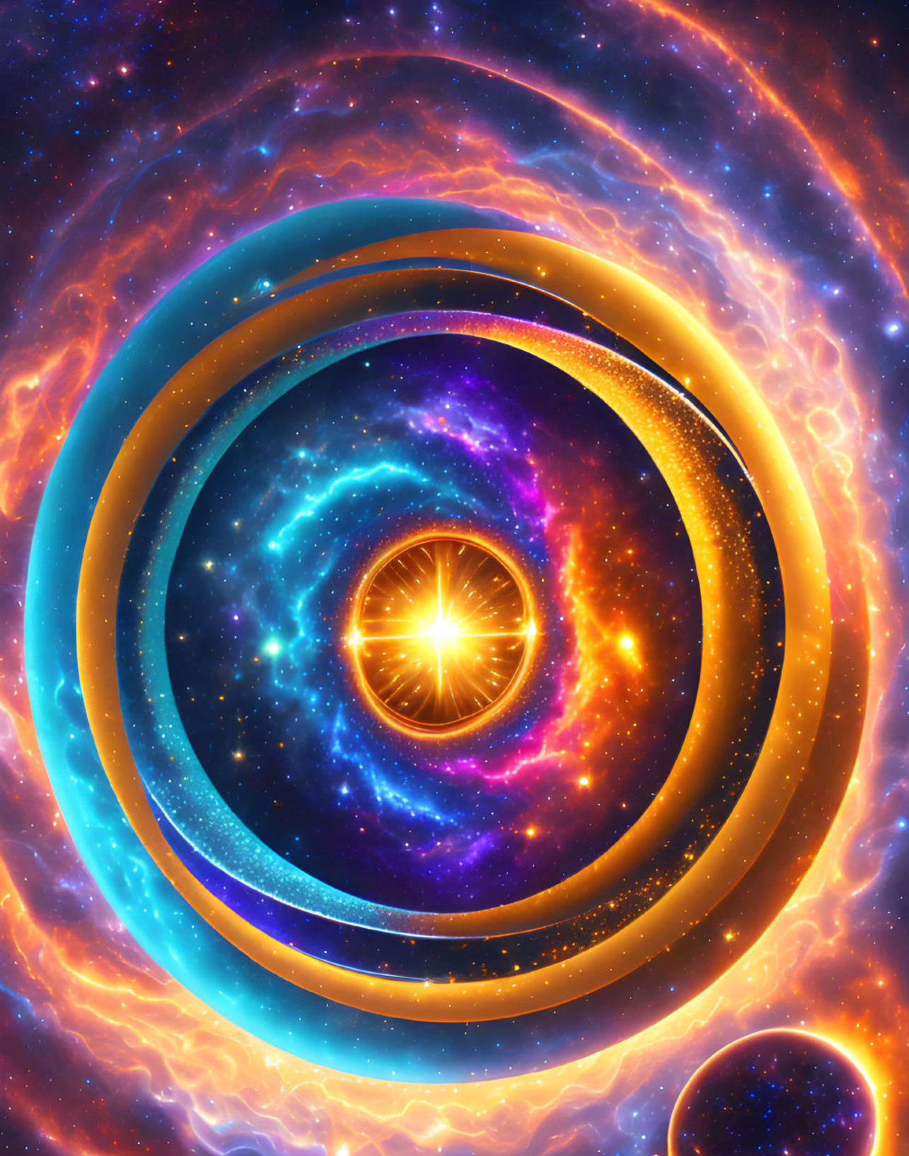 Colorful celestial digital artwork with swirling galaxies and bright stars