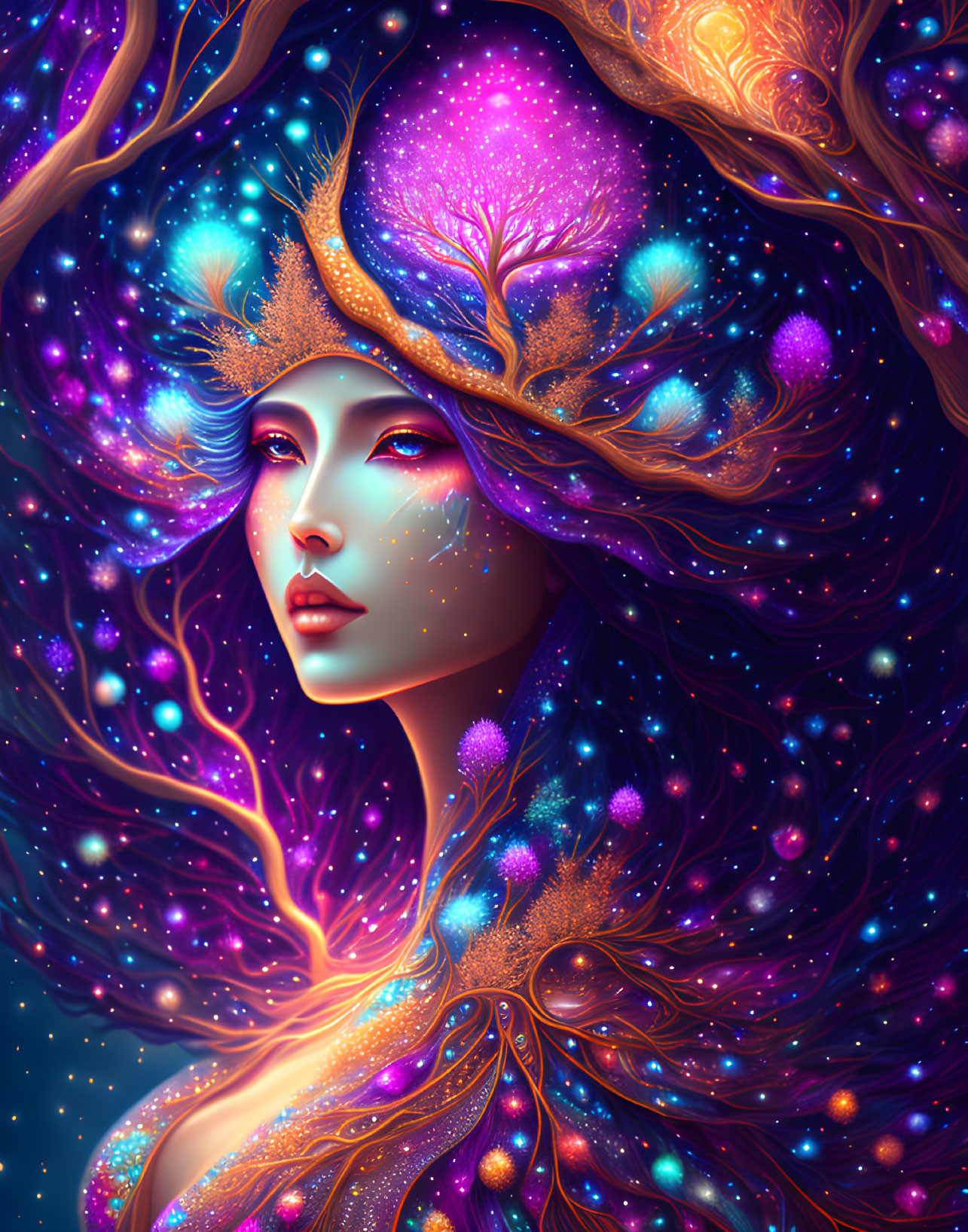 Illustration of woman with cosmic floral elements symbolizing magical interconnectedness.
