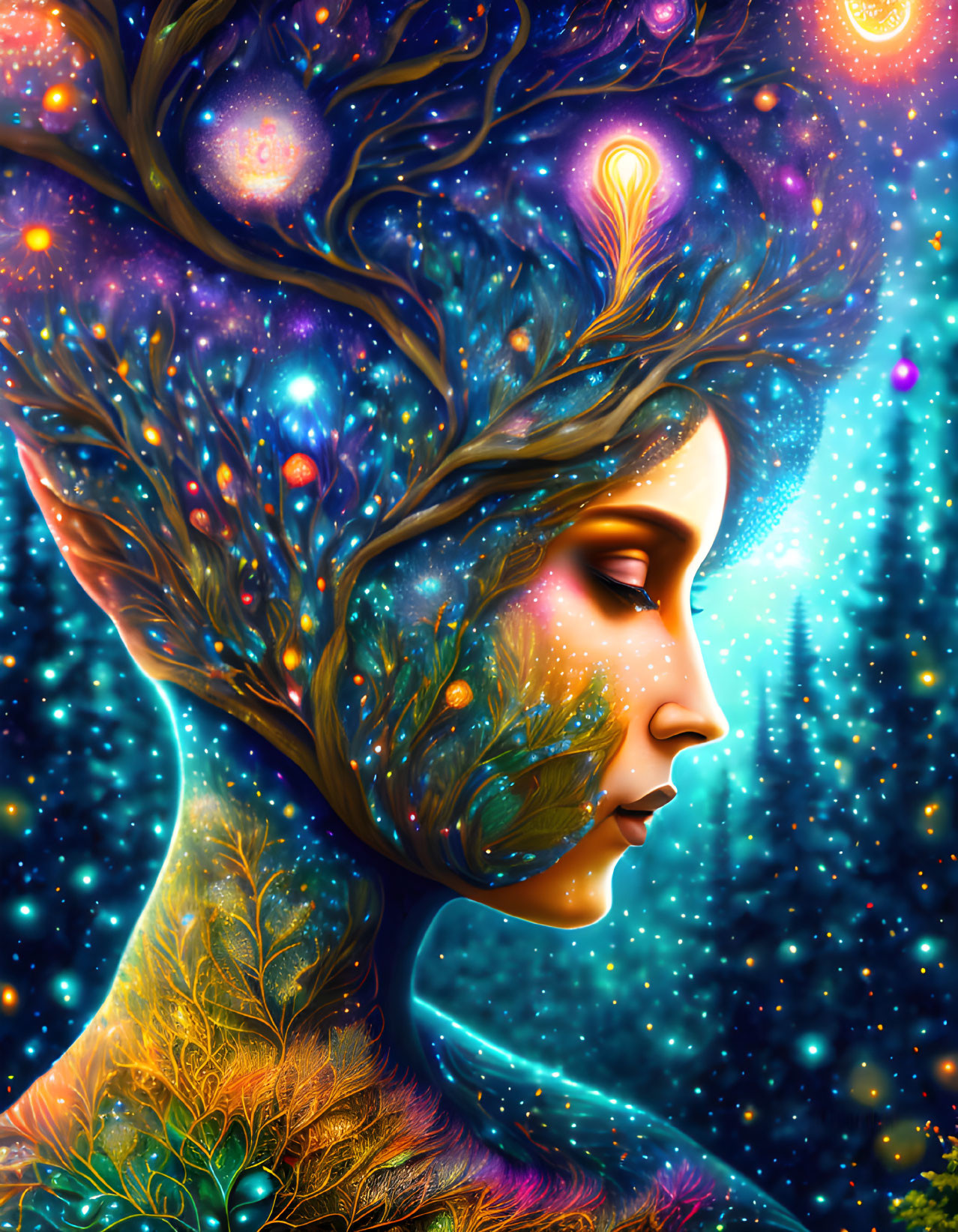 Colorful cosmic entity with tree-like structure and stars in tranquil face.