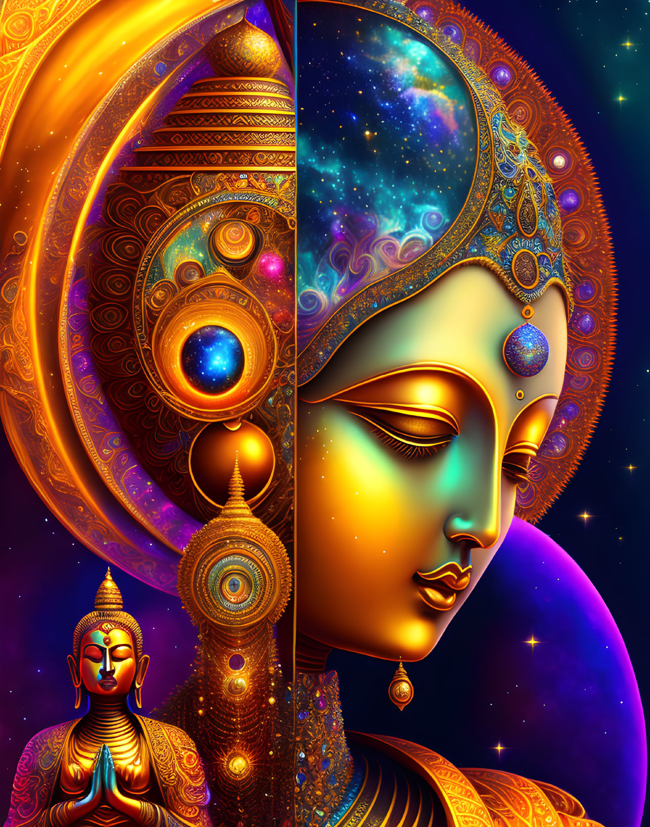 Cosmic Buddha and Deity Merge in Vibrant Artwork