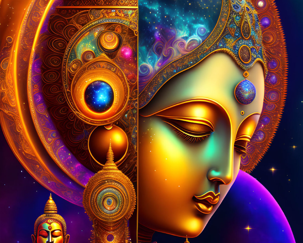 Cosmic Buddha and Deity Merge in Vibrant Artwork