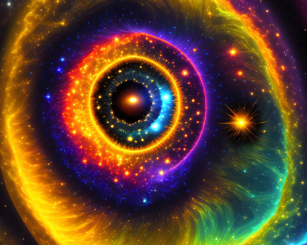 Colorful swirling galaxy illustration with yellow, blue, and red hues and a central star.