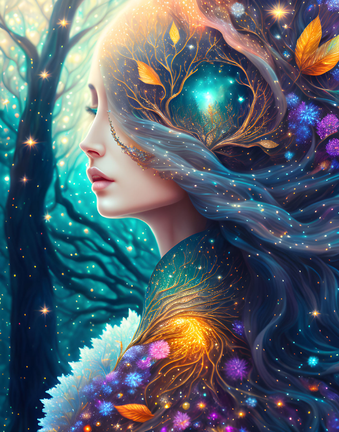 Illustration: Woman with flowing hair among glowing trees, leaves, and flowers