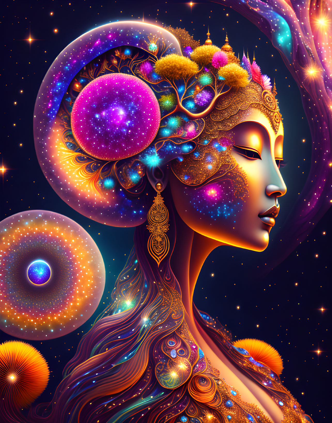 Colorful digital artwork of celestial woman with nature and cosmic elements integrated.