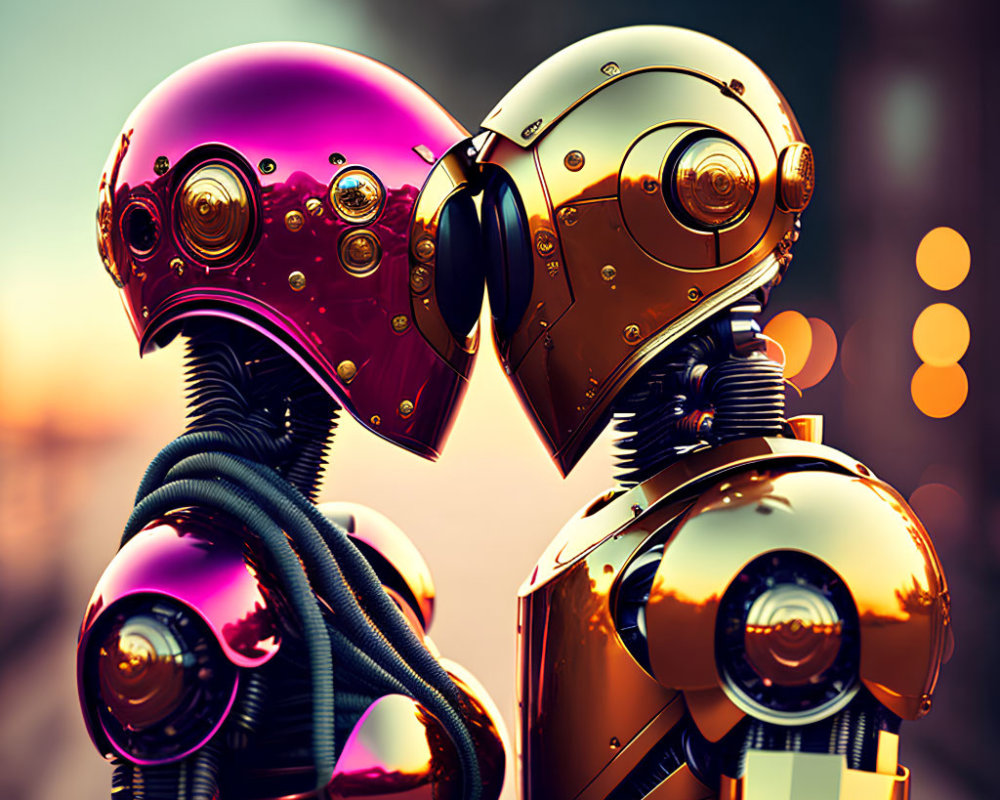 Stylized robots embrace in tender moment against city backdrop