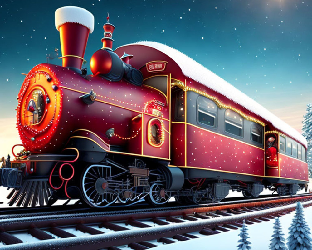 Red Festive Train with Snow and Golden Lights on Snowy Tracks at Twilight