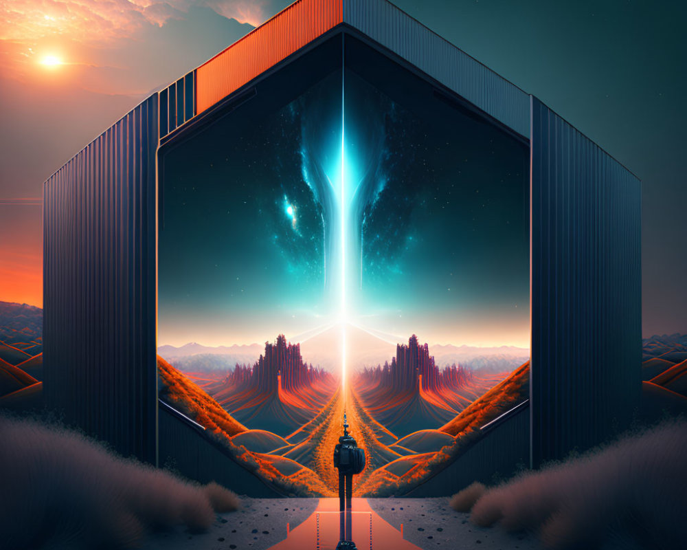 Cube-shaped surreal portal shows cosmic landscape with starry sky and rocky peaks under orange sunset