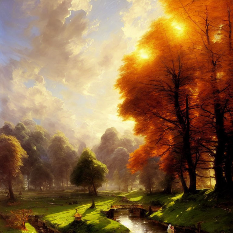 Tranquil autumn landscape with stream, bridge, figure, and colorful trees
