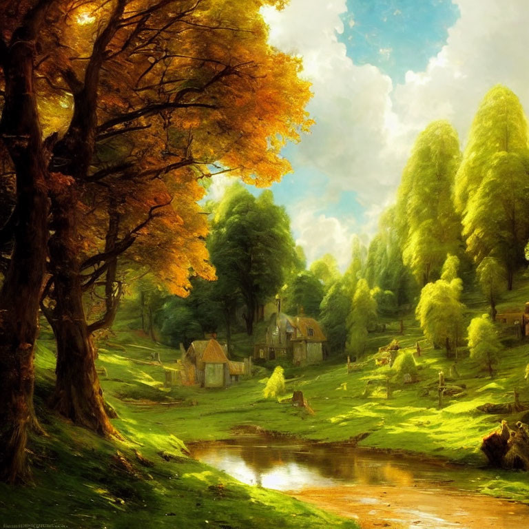 Tranquil landscape with green trees, pond, and houses in sunlight