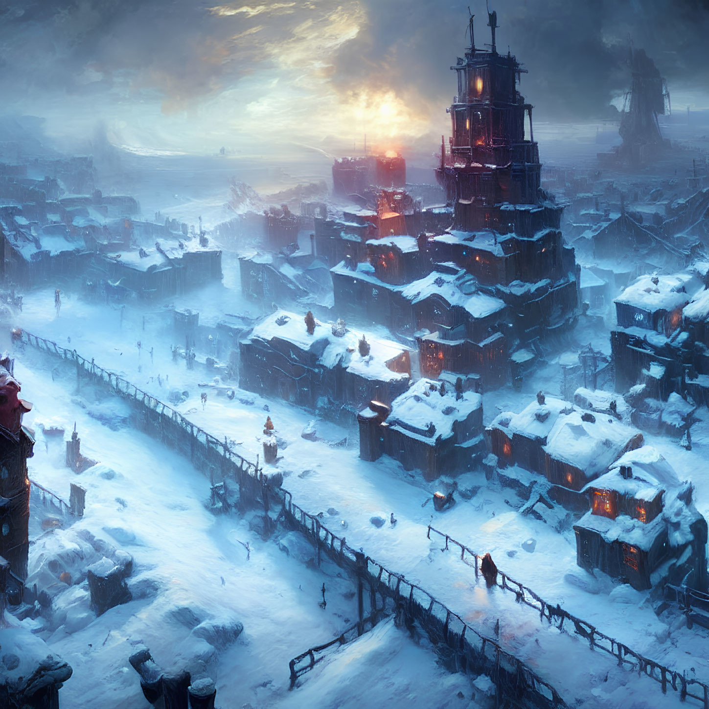 Snow-covered industrial cityscape at sunset with towering central structure and icy landscape under cloudy sky.