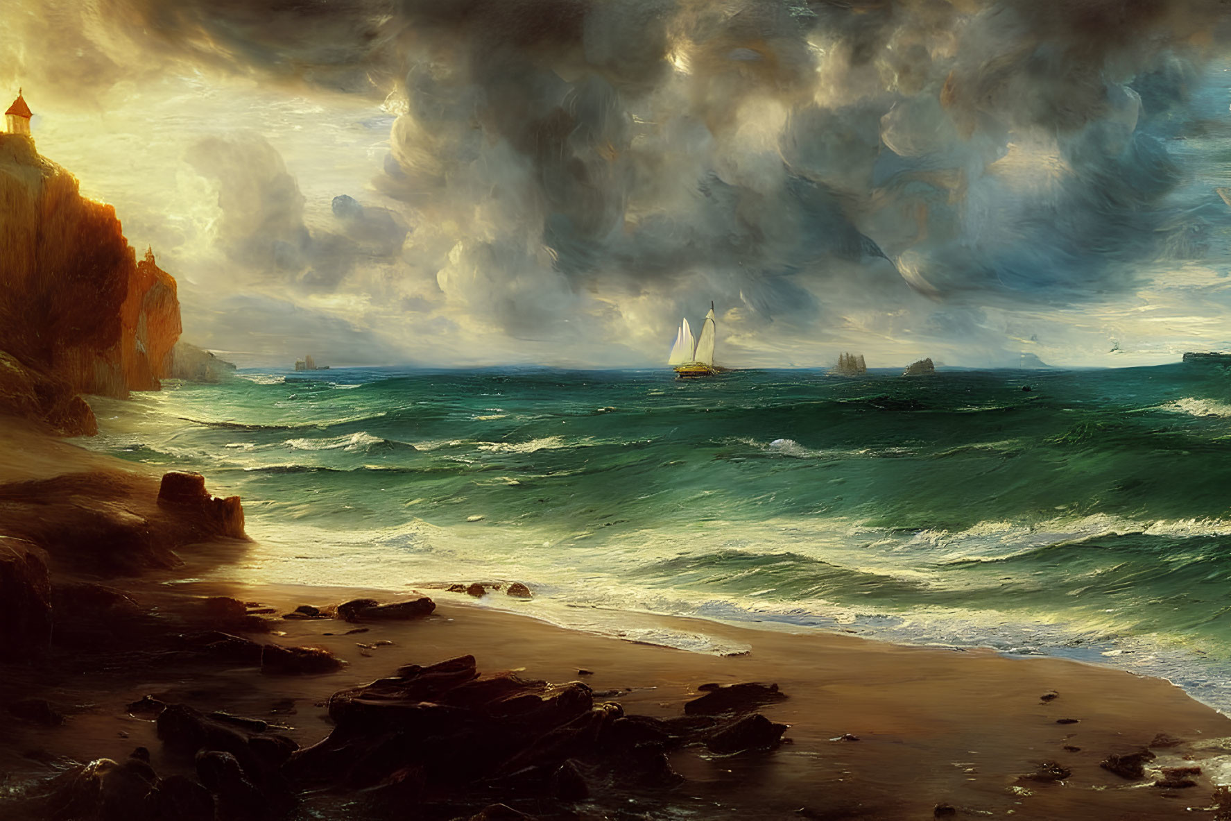 Stormy Seascape Painting with Green Waves, Ships, and Lighthouse