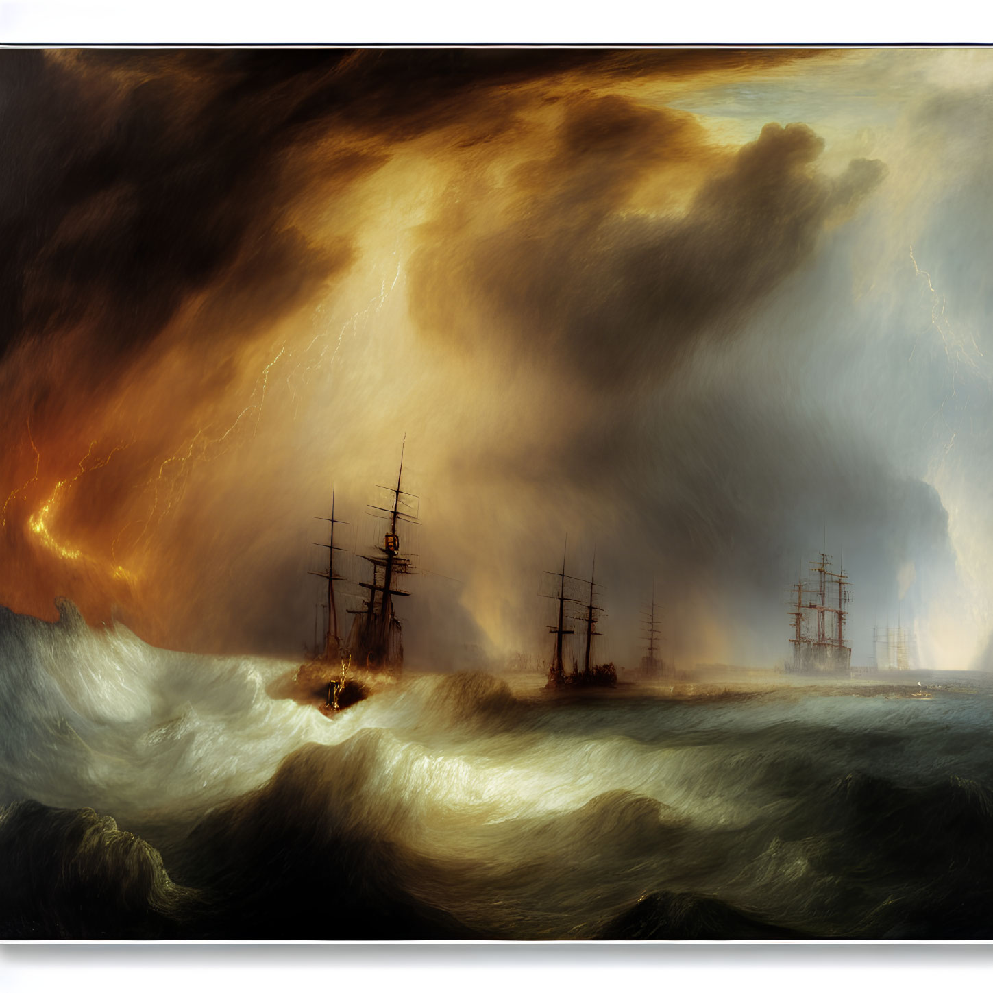 Historic sailing ships in stormy sea battle with fiery glow.