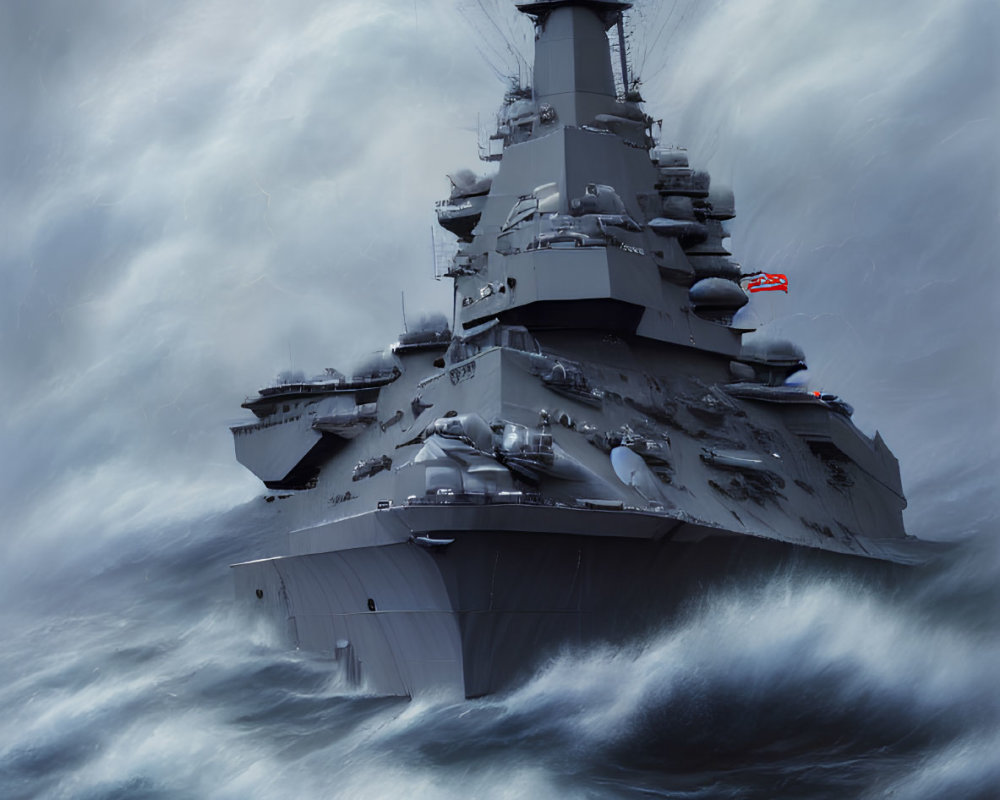 Battleship with Gun Turrets Sailing in Stormy Seas