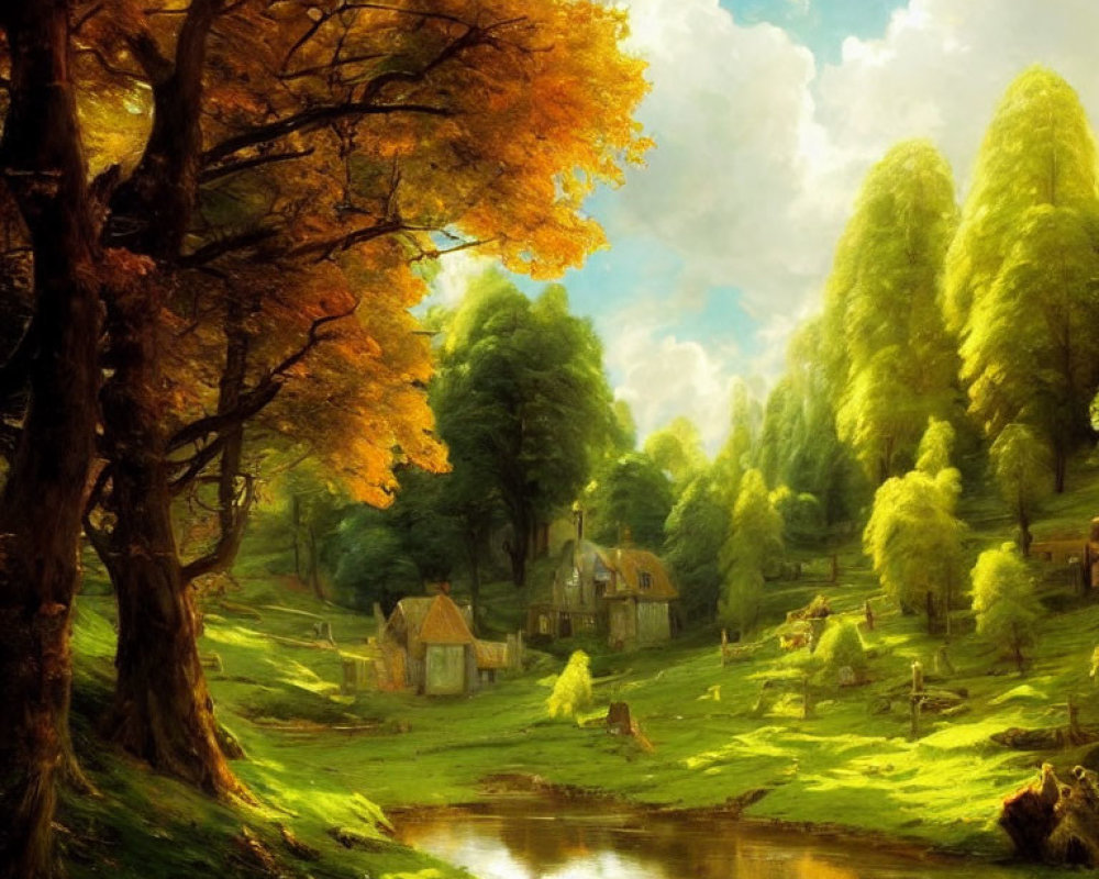 Tranquil landscape with green trees, pond, and houses in sunlight