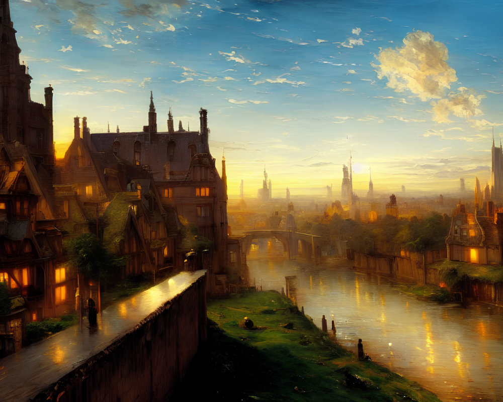 Fantasy medieval cityscape at sunset with ornate buildings and river reflections.