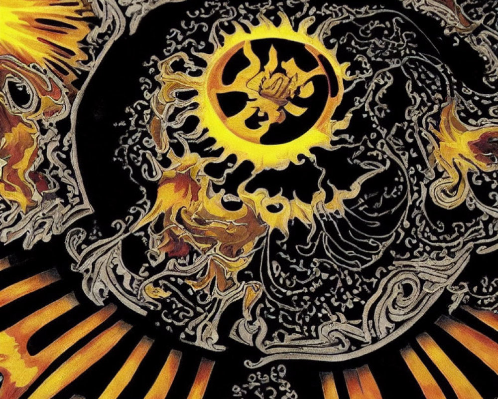 Vibrant sun illustration with flames and swirl patterns in orange, yellow, and black