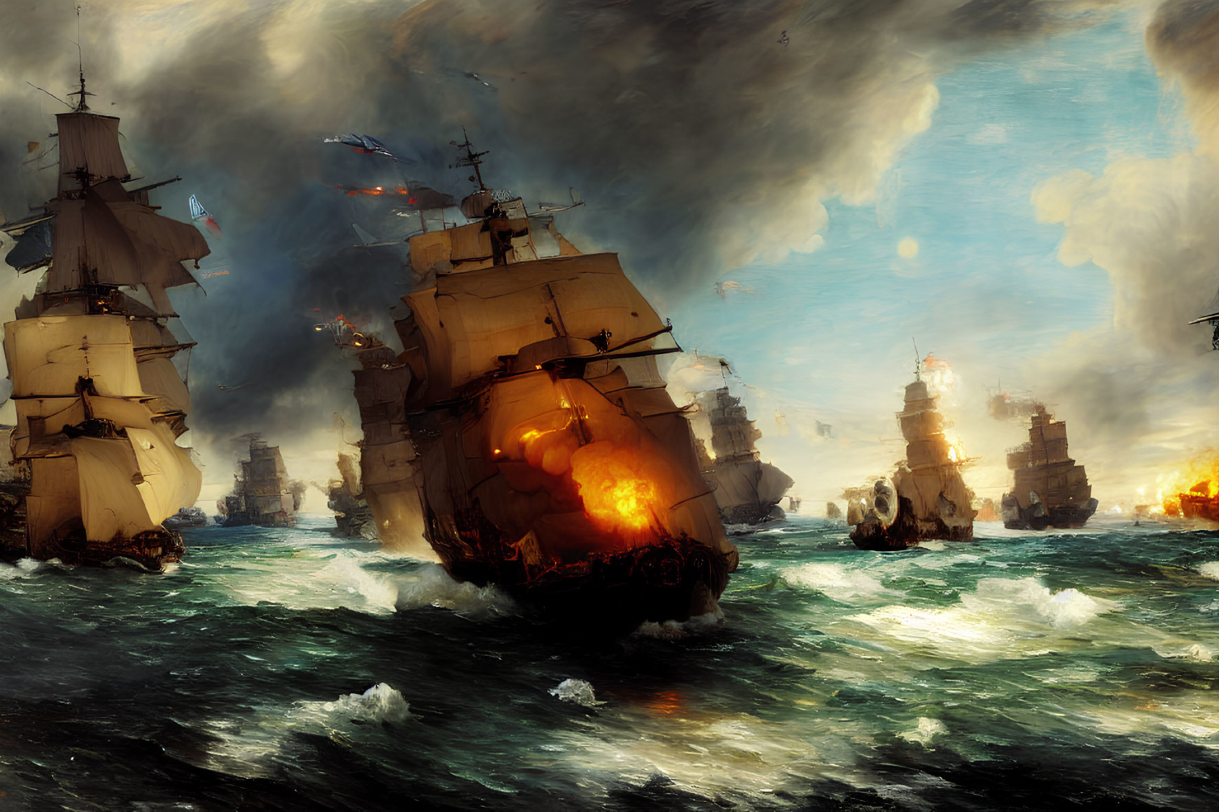 Dramatic naval battle scene with tall ships and cannon warfare
