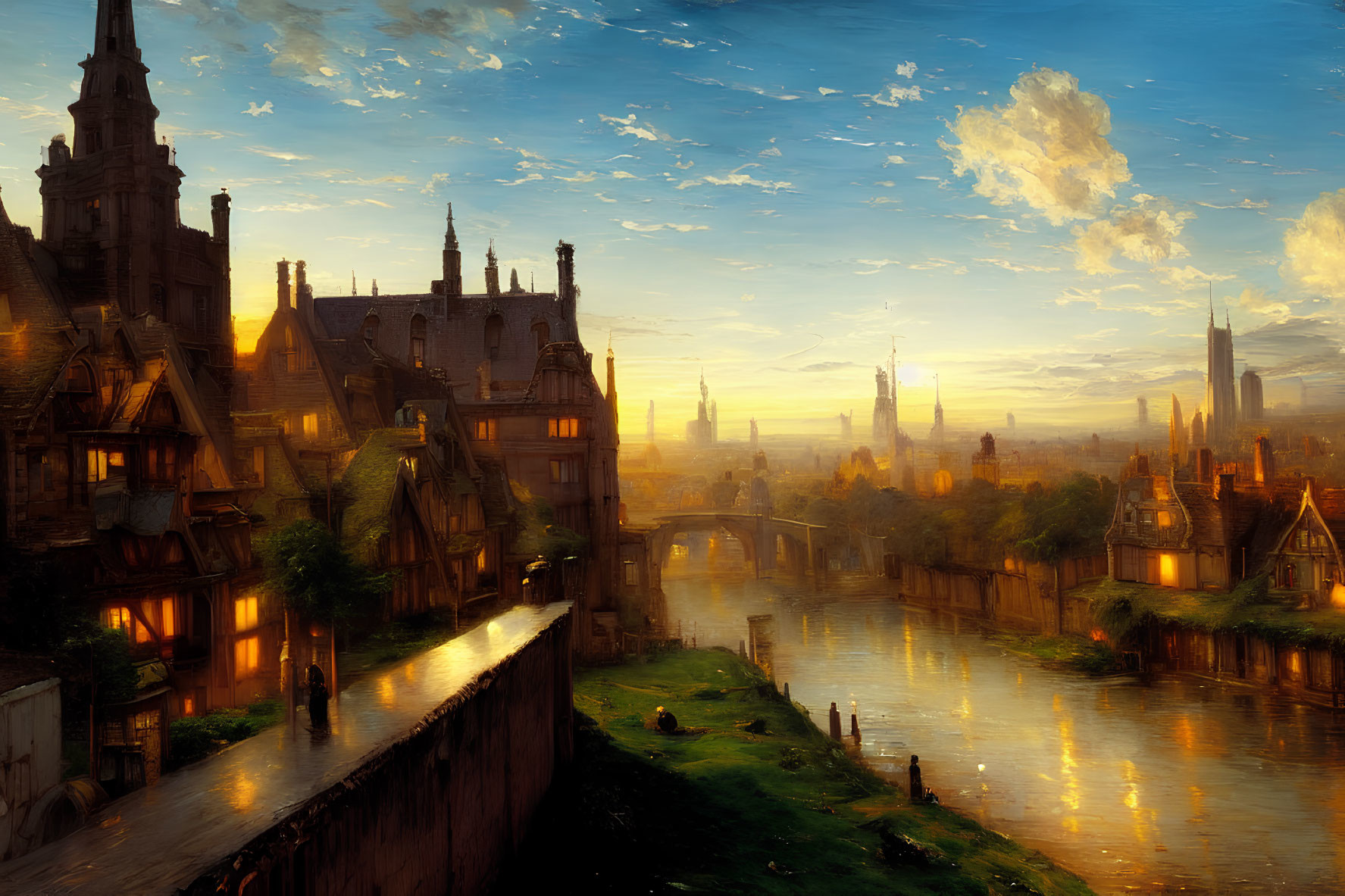 Fantasy medieval cityscape at sunset with ornate buildings and river reflections.