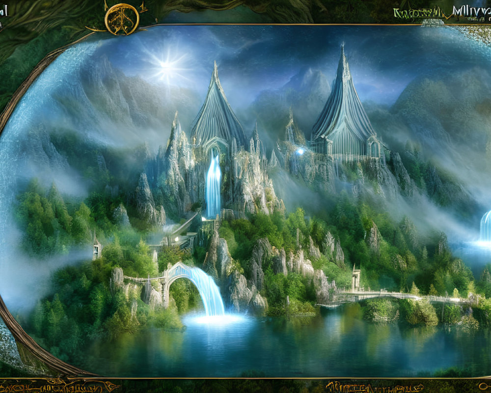 Ethereal castle in fantasy landscape with mountains and waterfalls