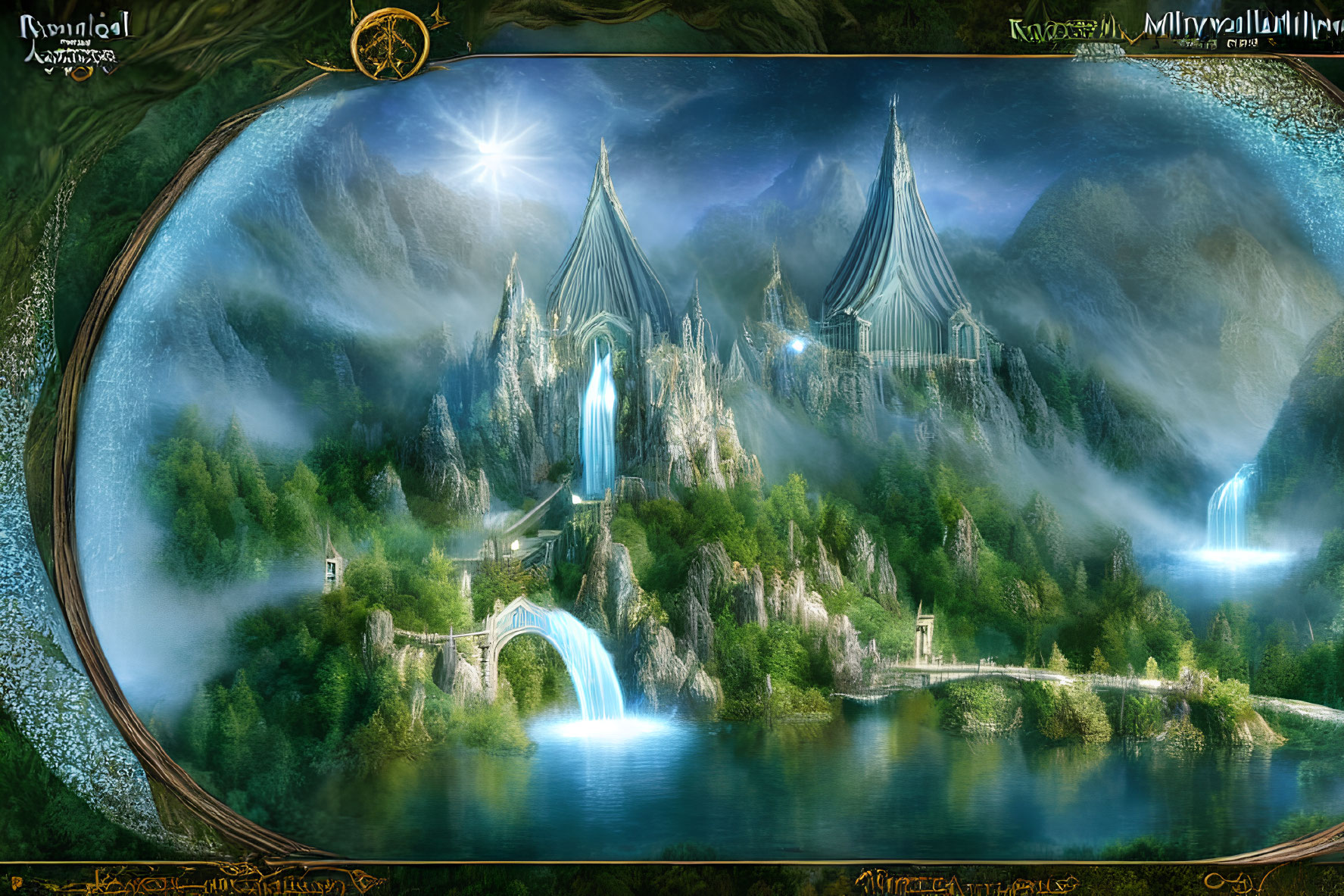 Ethereal castle in fantasy landscape with mountains and waterfalls