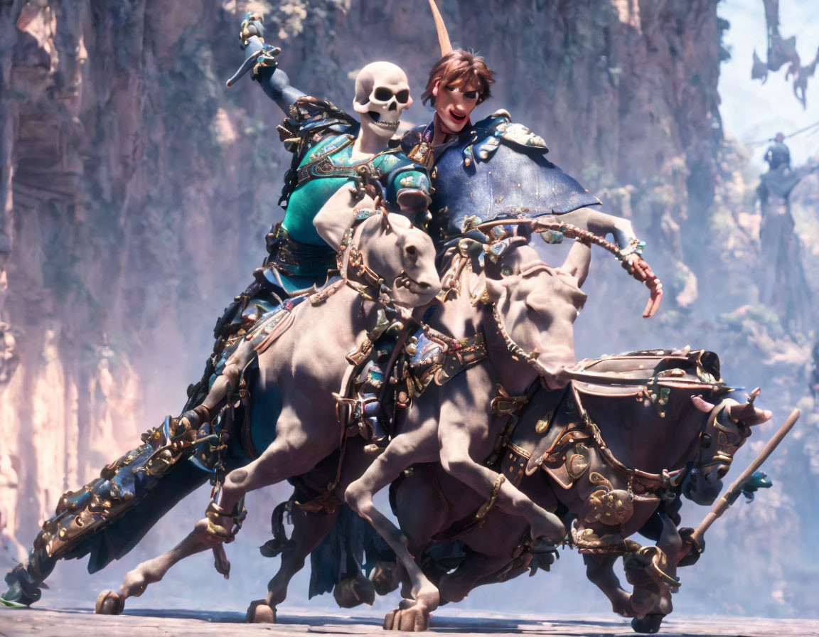 Blue character joyfully rides decorated horse next to floating skull in fantastical setting