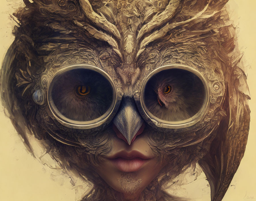 Surreal image: human face with owl features, captivating eyes, feather textures