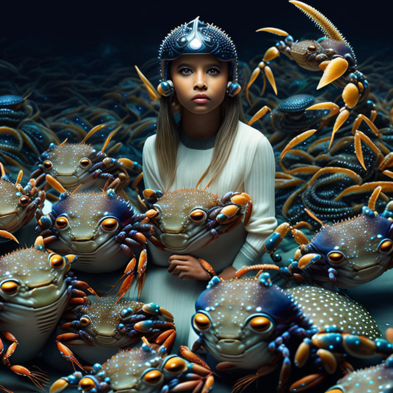 Futuristic woman with oversized crabs in surreal scene