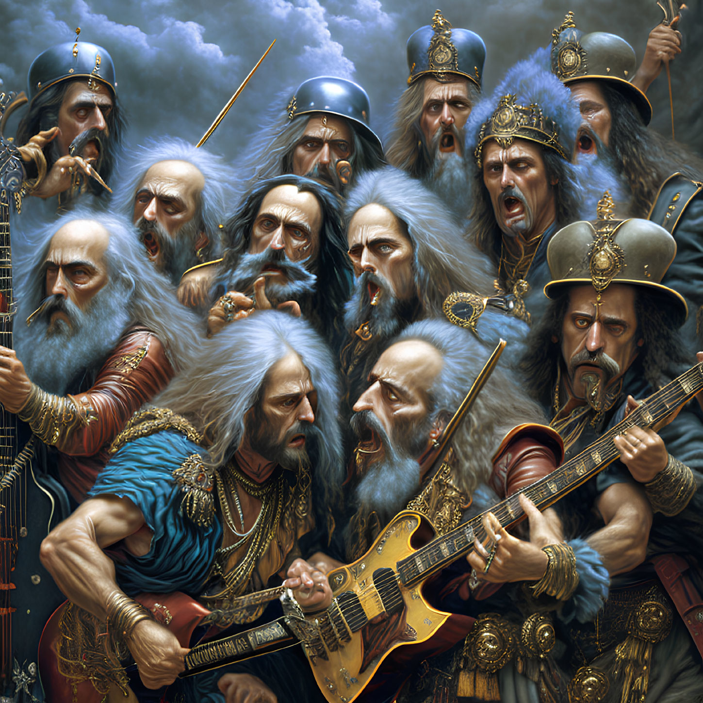 Fantastical painting of medieval warriors and wizards with electric guitars