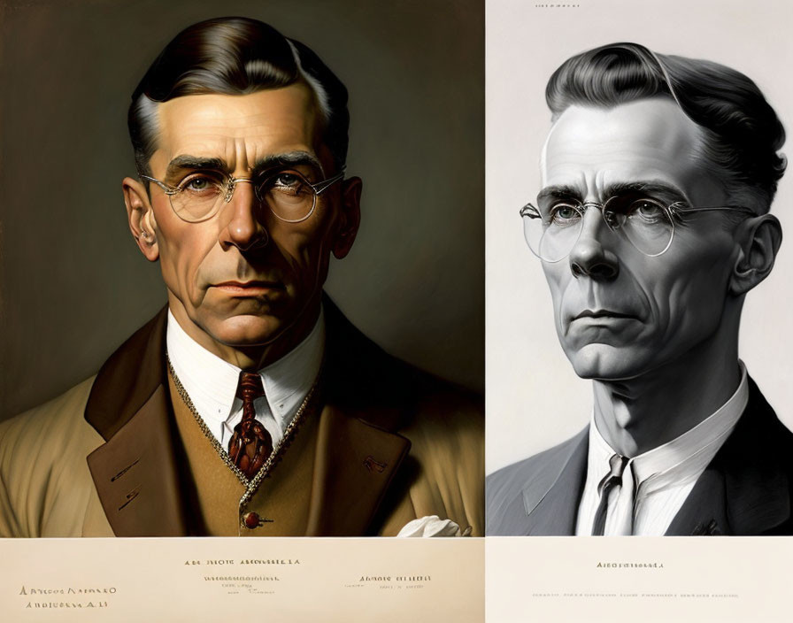 Stylized portraits of a man in color and grayscale with round glasses and suit
