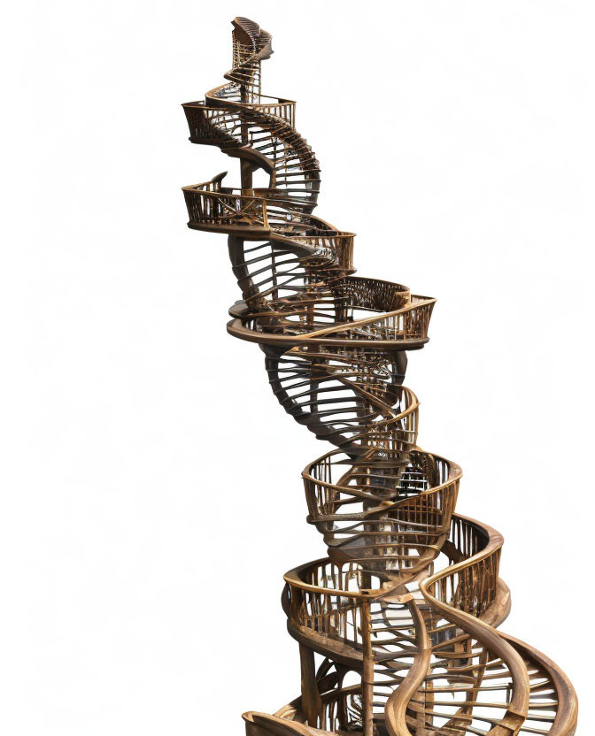 Elaborate wooden spiral staircase against white background