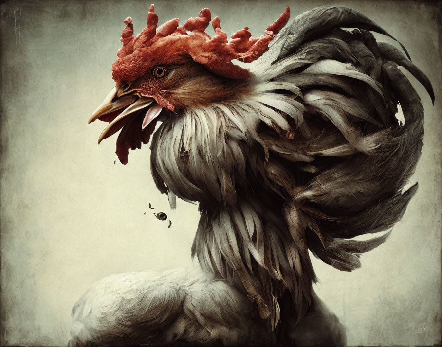 Rooster with Red Comb and Grey Plumage on Neutral Background