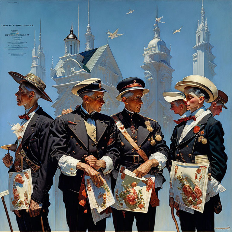 Four Men in Traditional Uniforms Holding Certificates Against Architectural Backdrop
