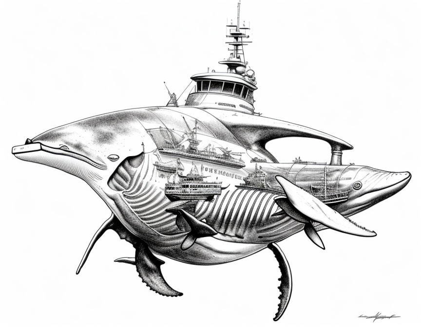 Monochromatic illustration blending dolphin with ship elements