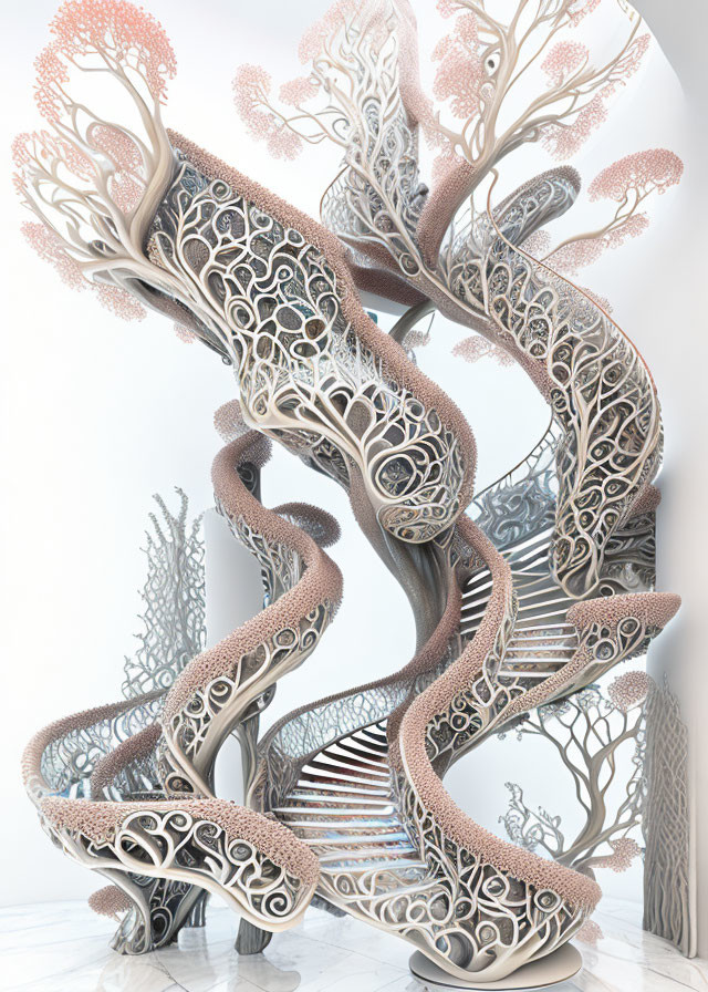 Intricate tree-like sculpture with spiraling branches and latticework on white background