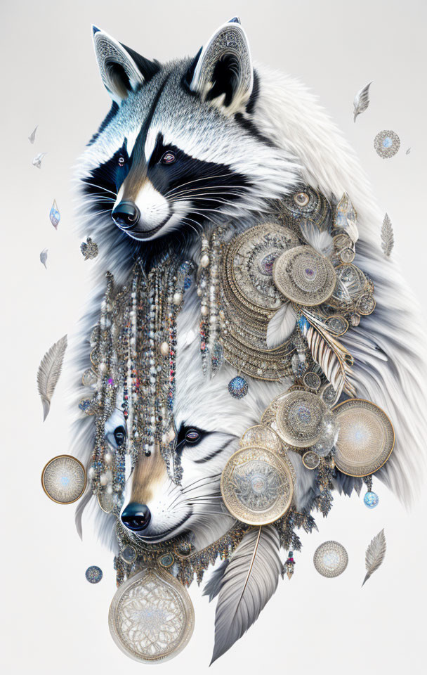 Symmetrical digital artwork of stylized raccoon with intricate jewelry and dreamcatchers
