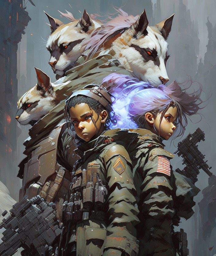 Futuristic warriors with wolves in dystopian setting