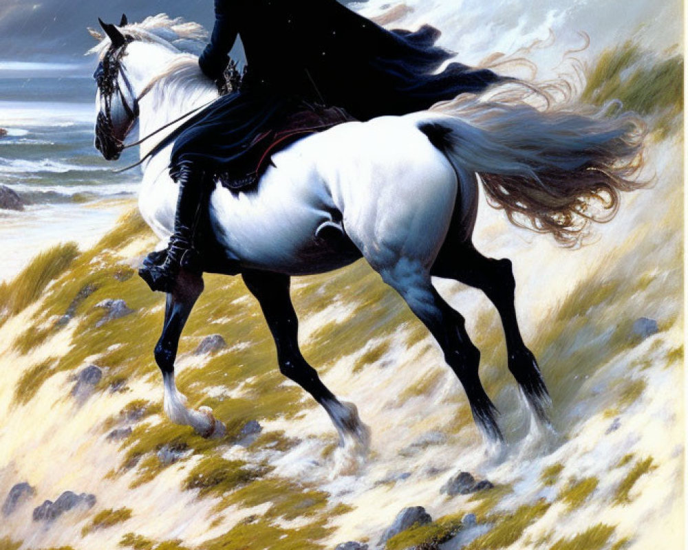 Dynamic painting of person riding white horse on beach with waves and clouds.