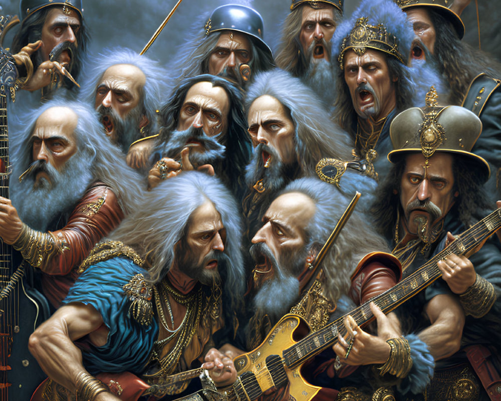 Fantastical painting of medieval warriors and wizards with electric guitars